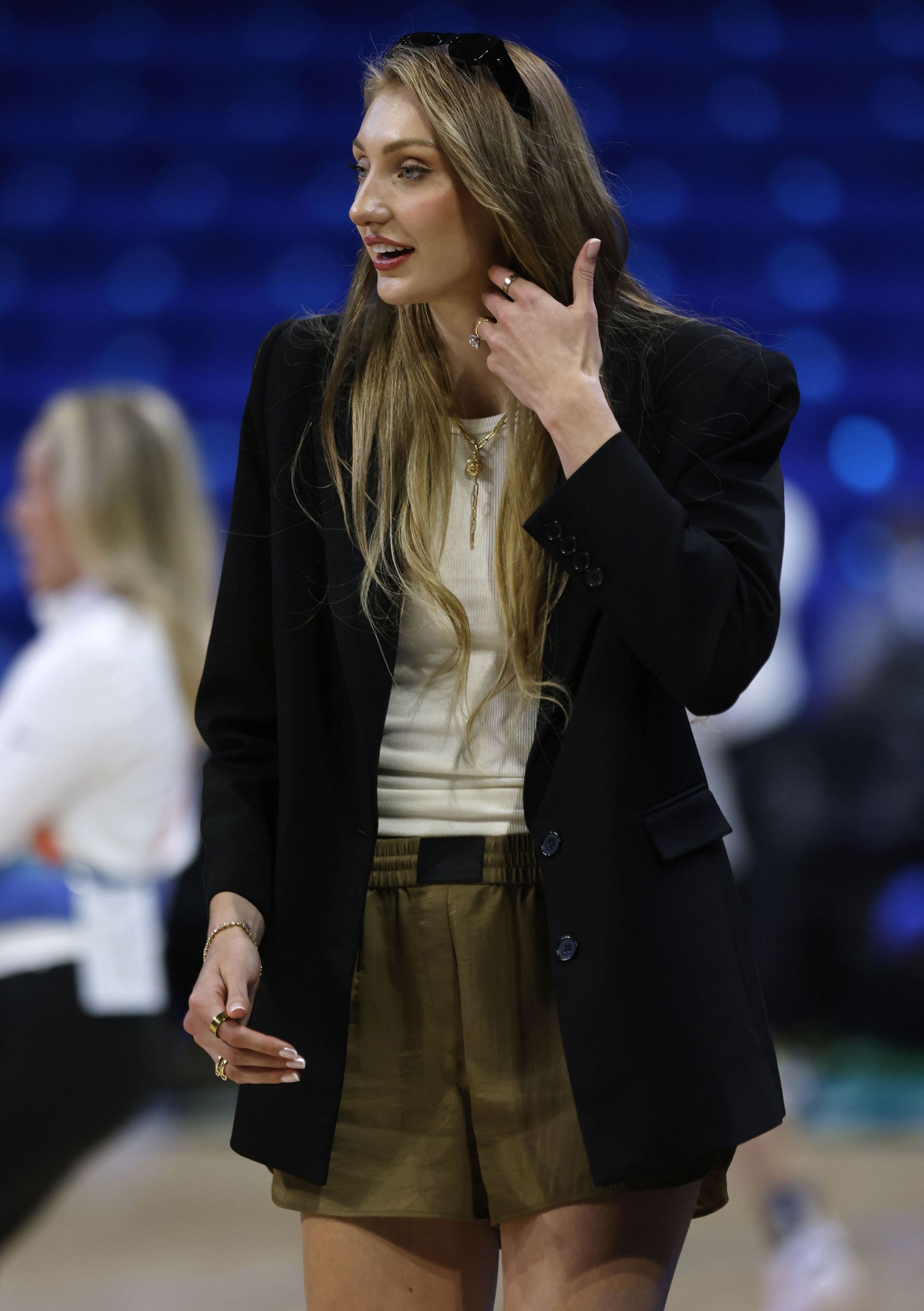 Cameron Brink #22 of the Los Angeles Sparks walks the court before the game against the Dallas Wings at College Park Center on Friday - Source: Getty